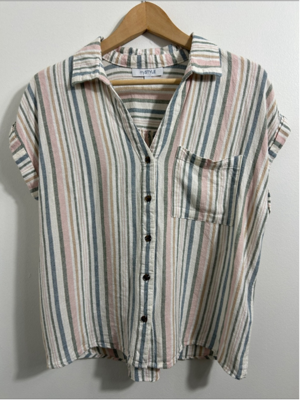 mySTYLE Linen Blend Striped Button Front Blouse Women’s Small Pastel